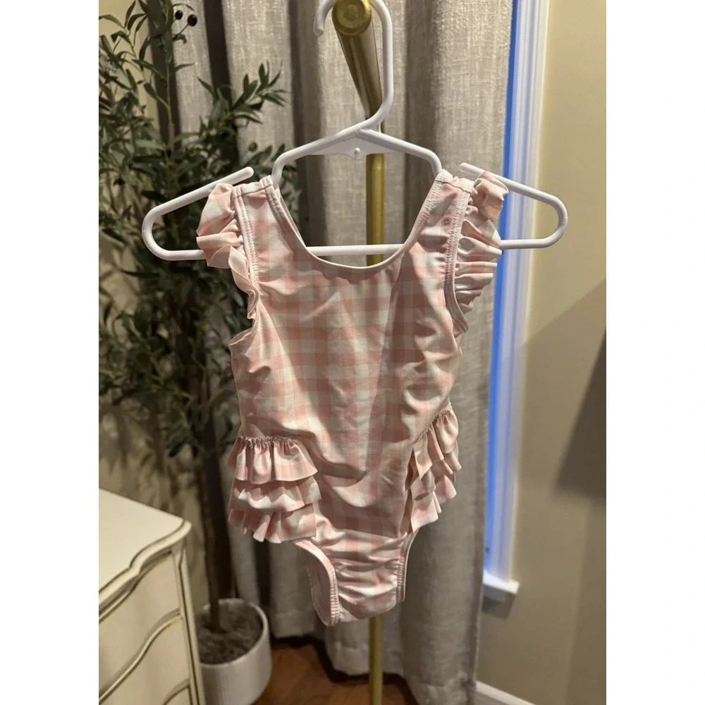 Tucker + Tate Pink white gingham ruffle swimsuit baby girl One Piece sz 6 months